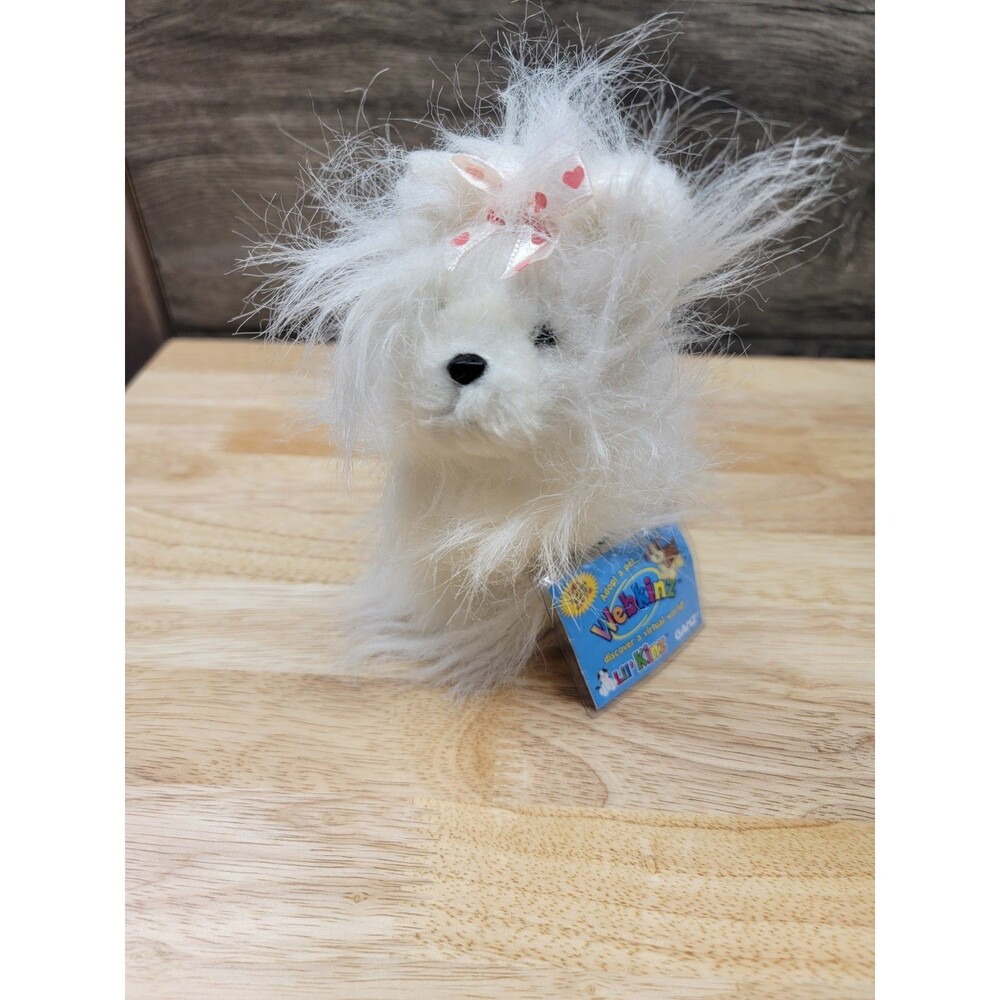 GANZ Webkinz Lil' Kinz White Yorkie Puppy Dog Plush Toy Long Hair Bow W/ Code